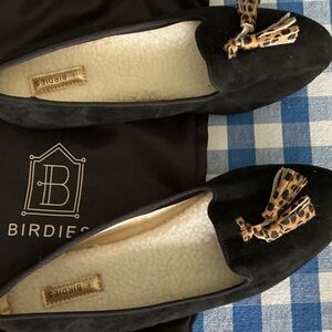 Birdies Fleece Lined Black Suede Loafers with Leopard Tassels
